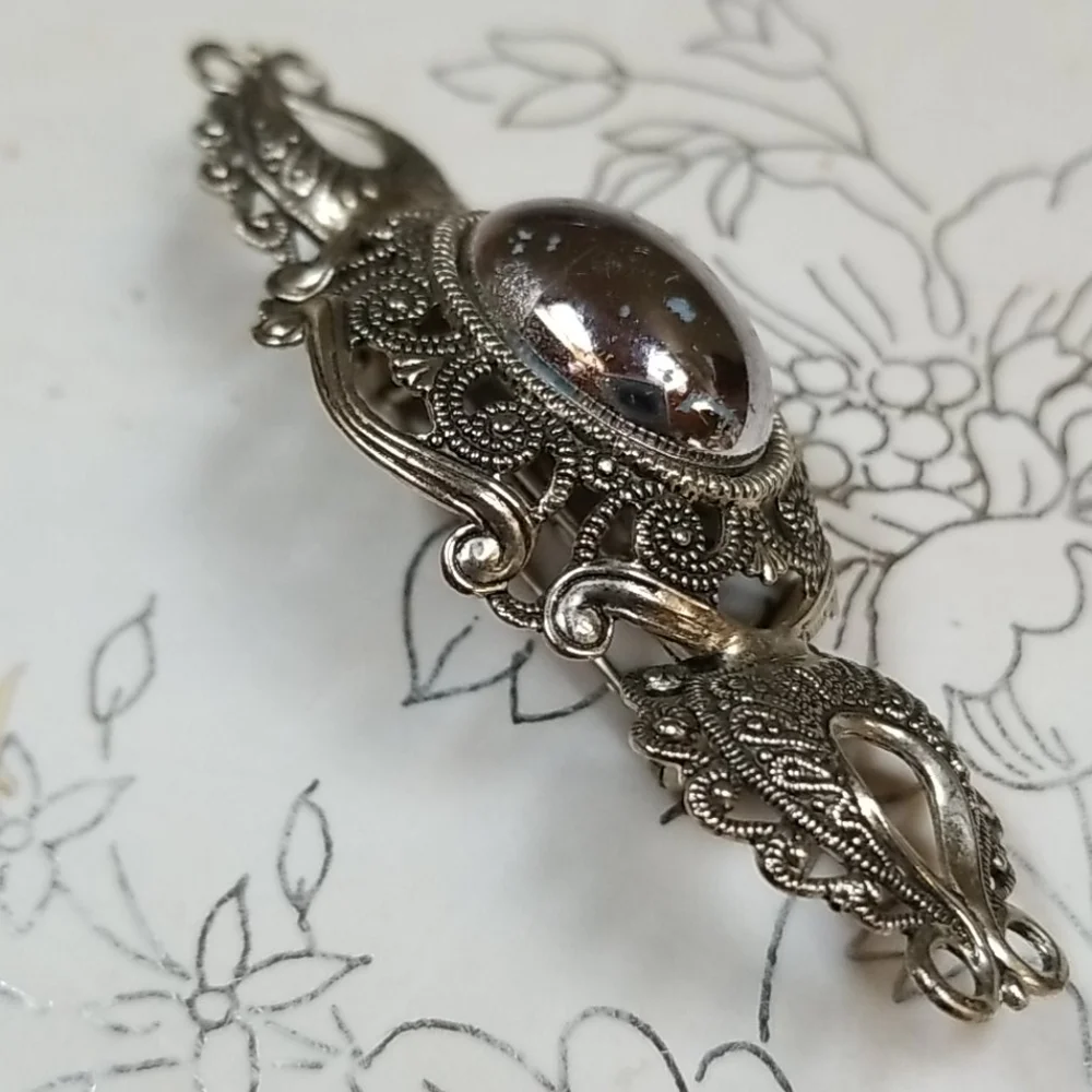 Vintage Mid Century Antiqued Silver Tone Metal Brooch Pin - Picture 11 of 11